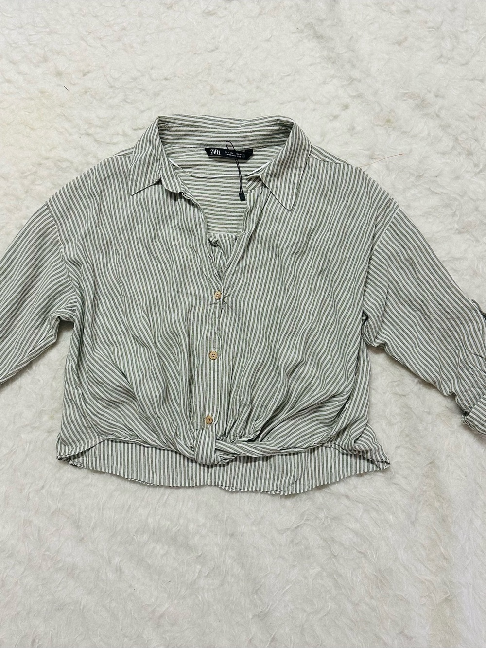 NWTO Zara Sage Green and White Striped Tie-Front Button-Down Shirt
